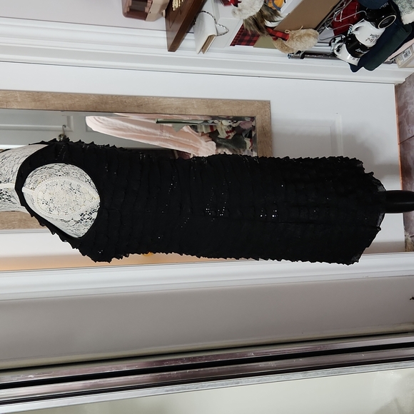 🎉HP🎉Little Black Dress Suzy with sequins and ruffled - lined stretchy form fit - Picture 3 of 12